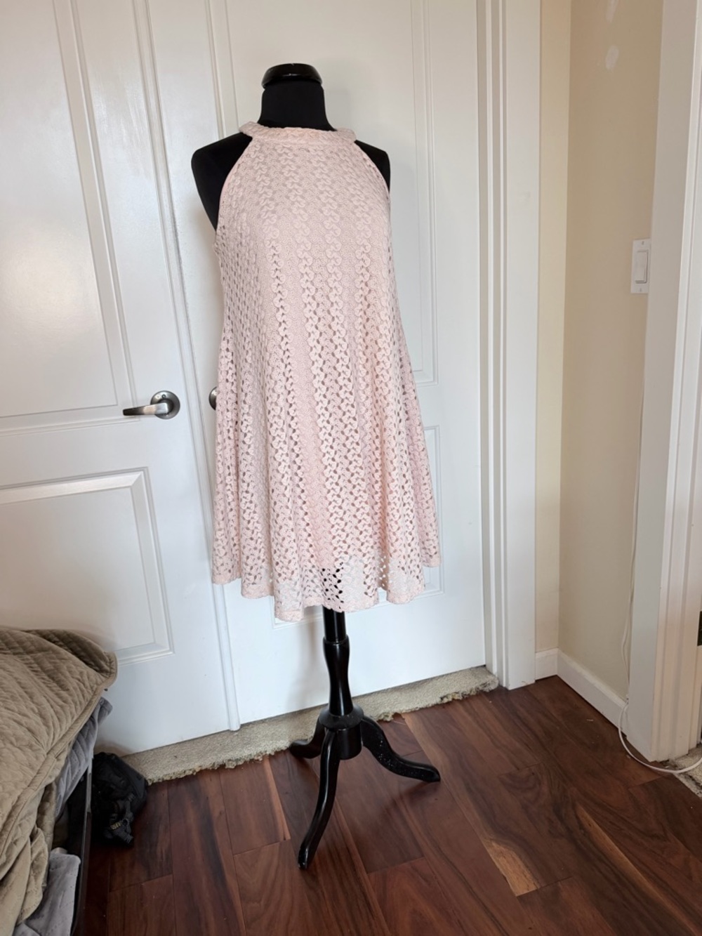 Halter Crochet Mini Dress in Light Pink
